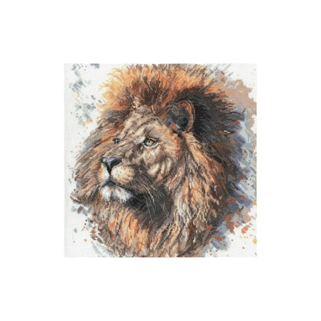 A square canvas or print featuring a painted lion head portrait with a full mane, shown centered on a plain white background.