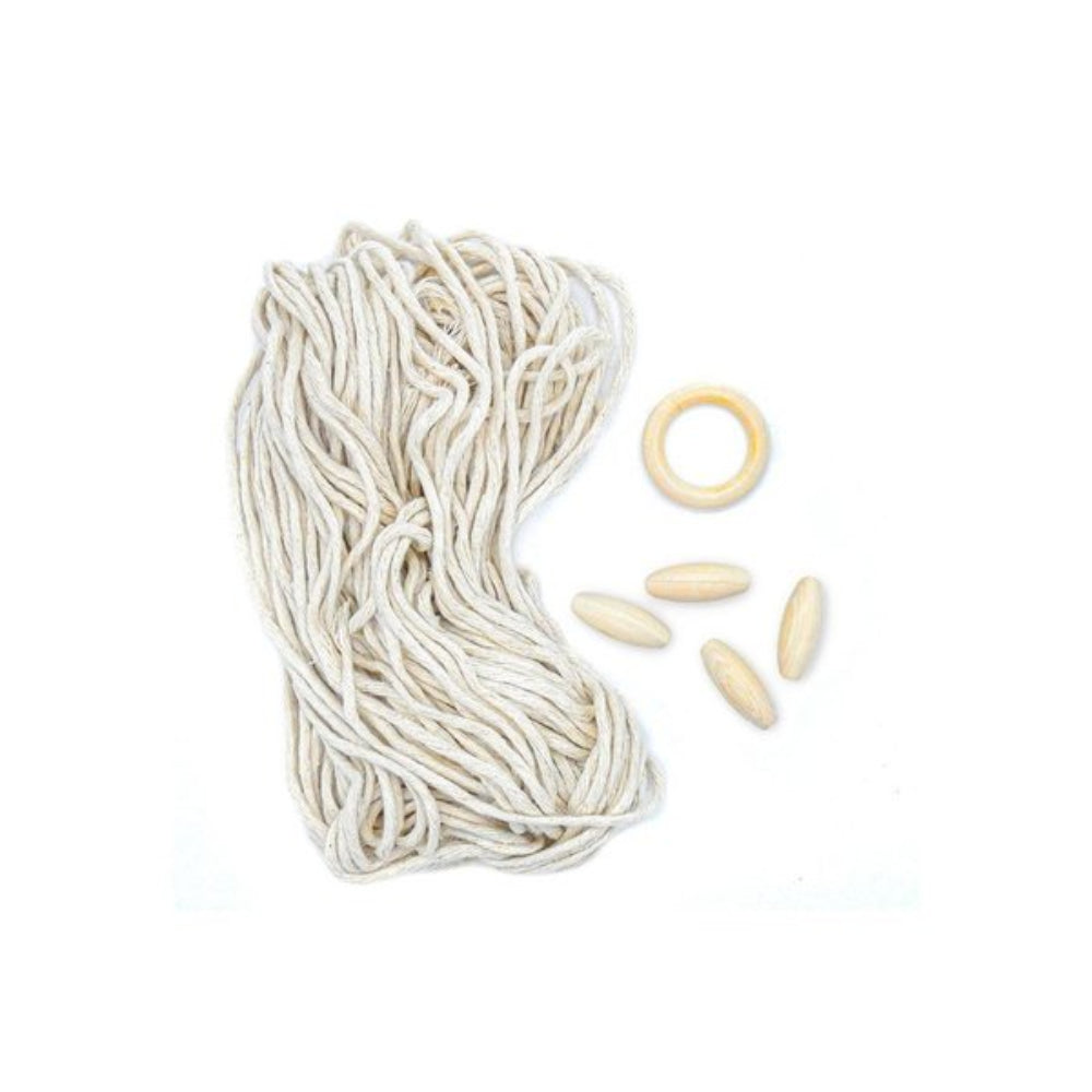 A bundle of off-white cotton cord with five small natural wood beads, including one ring bead and four oval beads, arranged on a plain white background.