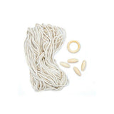 A bundle of off-white cotton cord with five small natural wood beads, including one ring bead and four oval beads, arranged on a plain white background.