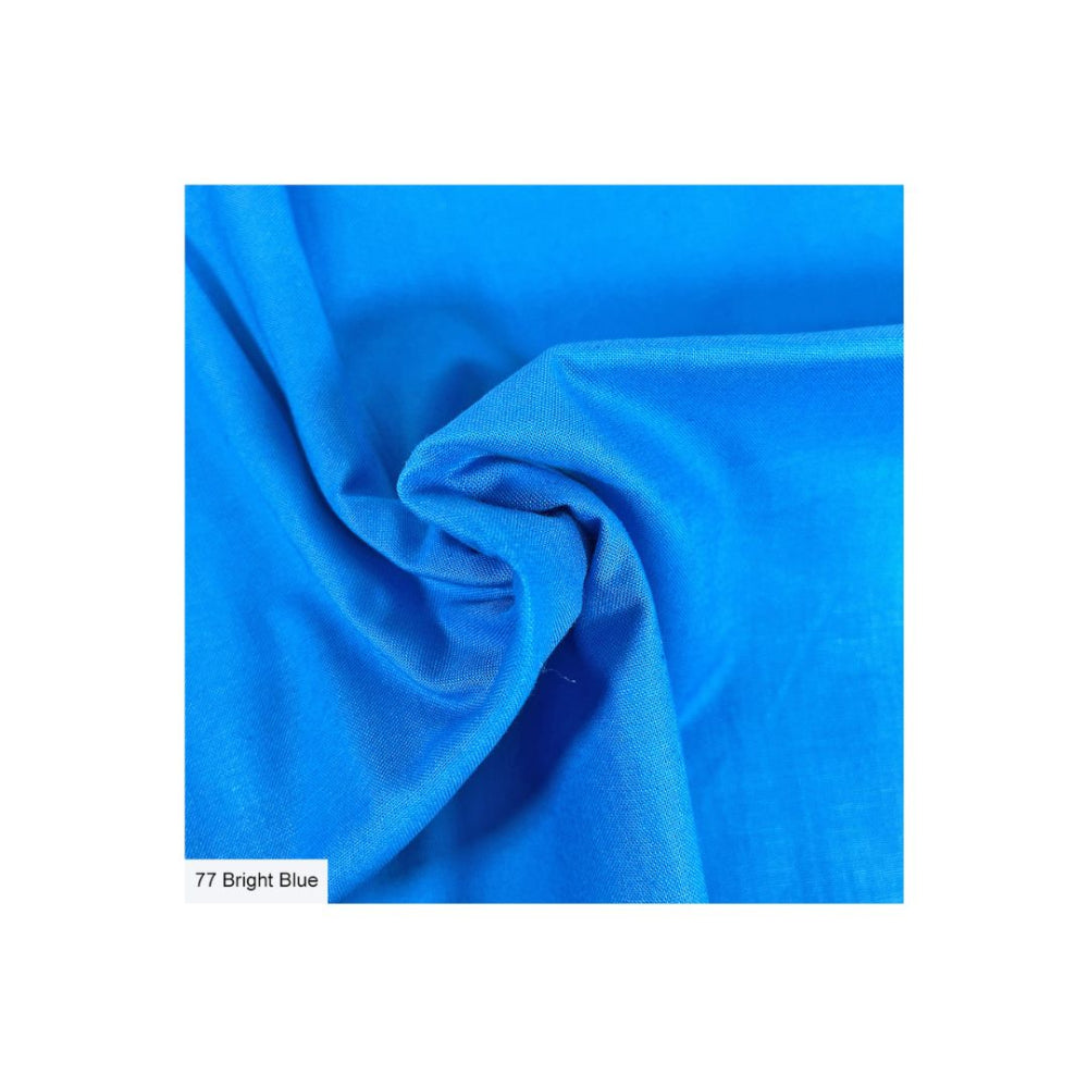 A close-up of bright blue fabric with soft folds and a small label reading '77 Bright Blue' in the lower-left corner, shown on a white background.