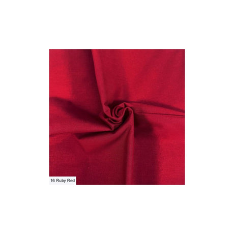 A close-up fabric swatch in a rich ruby red colour, styled with a central swirl to show texture and drape, set against a plain white background with a small label reading '16 Ruby Red'.