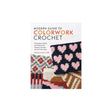 The book cover of 'Modern Guide to Colorwork Crochet' by Meghan Ballmer, featuring a white top half with black and orange text, and a bottom half showcasing colorful crocheted fabric patterns including pink hearts on black.