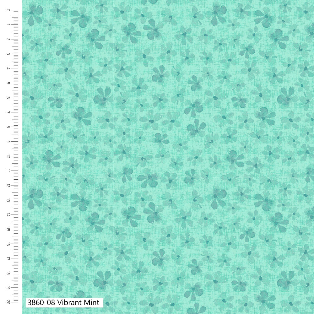 Teal fabric with small floral pattern and ruler for scale