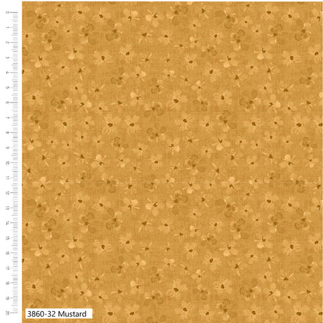 Mustard yellow fabric with subtle pattern and measurement scale on the side