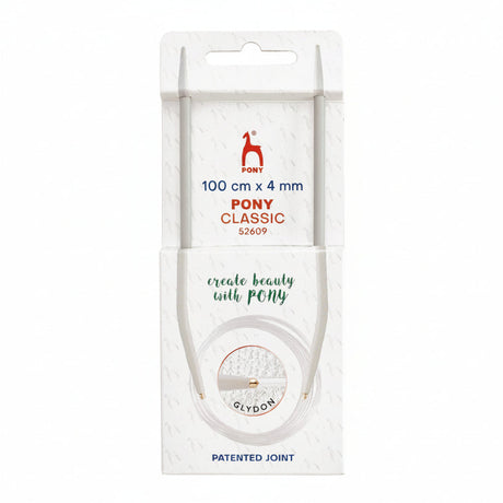 Pony Classic 100 cm x 4 mm knitting needles in their original white cardboard packaging, featuring the red Pony logo and product details.