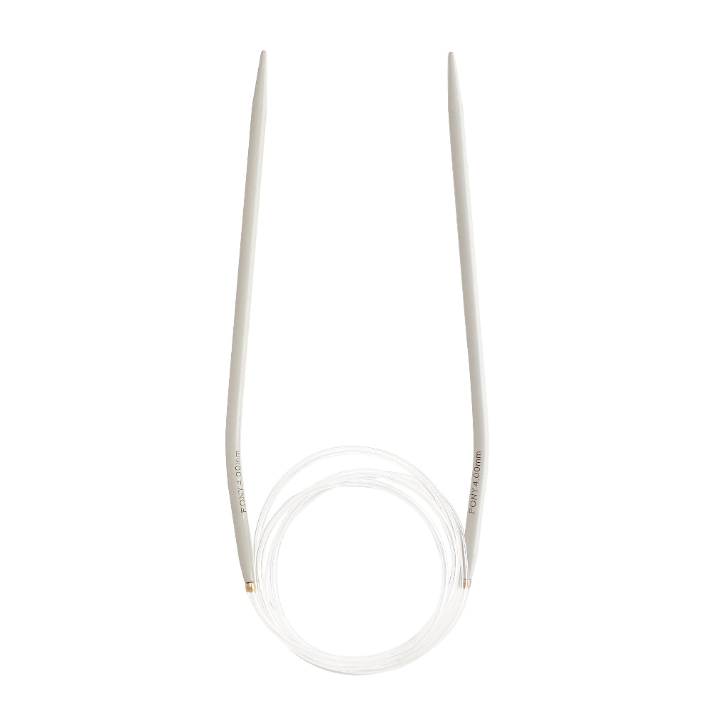White circular knitting needles with a coiled transparent cable, shown on a solid white background.
