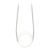 White circular knitting needles with a coiled transparent cable, shown on a solid white background.