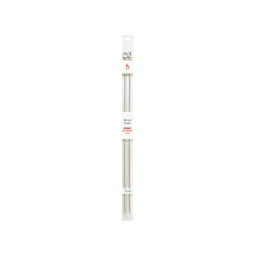 A pair of silver metal knitting needles in a white cardboard and plastic retail package, shown vertically against a plain white background.