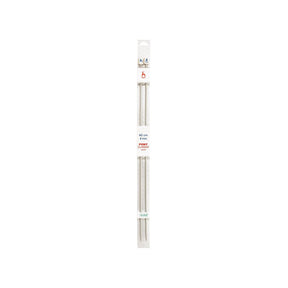 A pair of silver metal knitting needles in a white cardboard and plastic retail package, shown vertically against a plain white background.