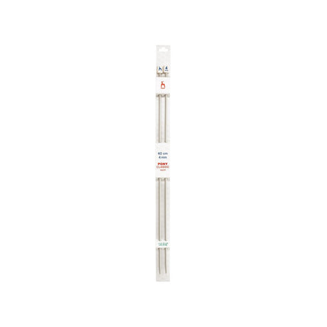 A pair of silver metal knitting needles in a white cardboard and plastic retail package, shown vertically against a plain white background.