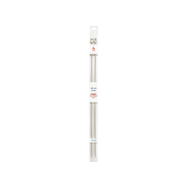 A pair of silver metal knitting needles in a white cardboard and plastic retail package, shown vertically against a plain white background.