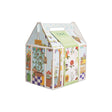 A house-shaped garden patch kit box with a handle, decorated with colorful illustrations of plants, flowers, and gardening tools on a white background.