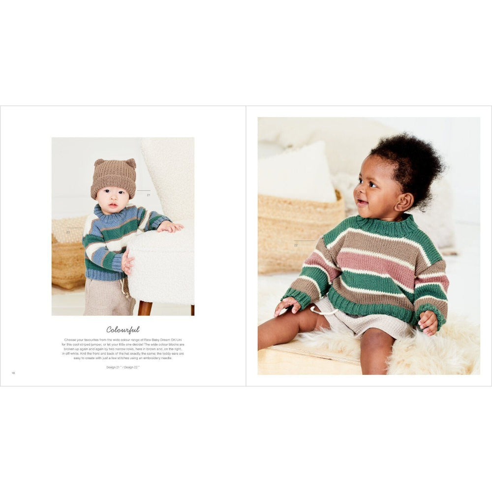 A two-page children's apparel spread showing a toddler wearing a striped knit sweater and a brown knit hat. The left page includes a small text block, and the right page shows the child seated on a white rug in a soft indoor setting.