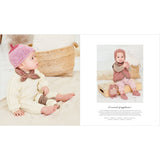 A catalog or booklet page showing a baby wearing a knitted outfit. The left large photo shows the baby seated on a cream fabric surface with a woven basket behind, wearing a pink knit hat with a brown bow, a cream knit top, and brown accents.