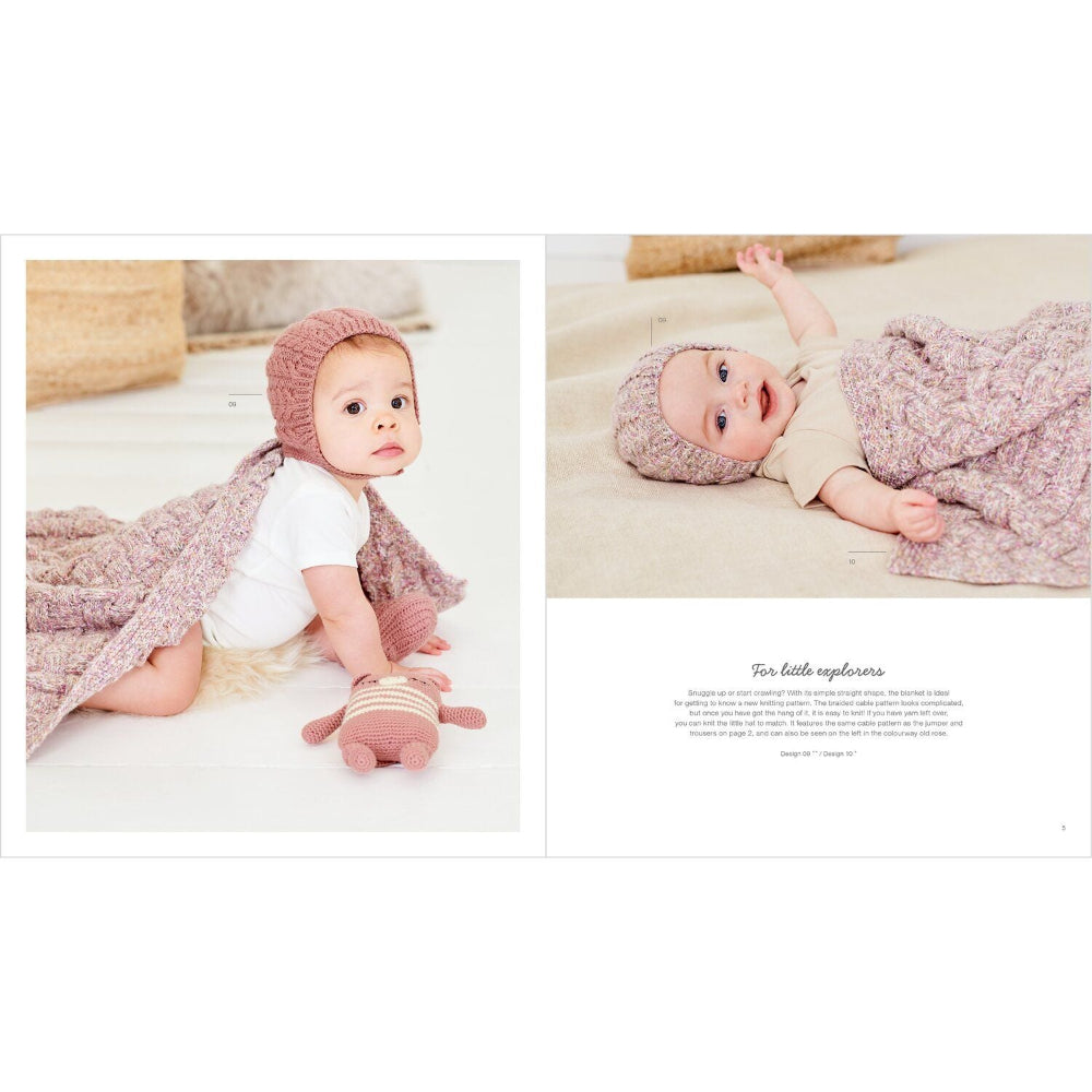A baby photography collage showing a smiling infant wearing a pink knit bonnet and wrapped in a matching pink blanket, posed on a light floor with a small stuffed toy. The right side includes a text block with the heading 'For little explorers'.