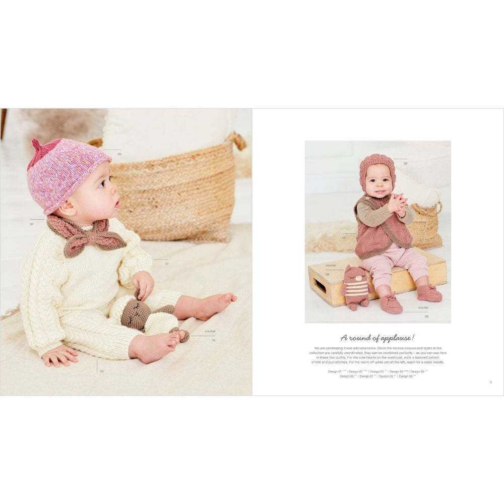 A catalog or booklet page showing a baby wearing a knitted outfit. The left large photo shows the baby seated on a cream fabric surface with a woven basket behind, wearing a pink knit hat with a brown bow, a cream knit top, and brown accents.