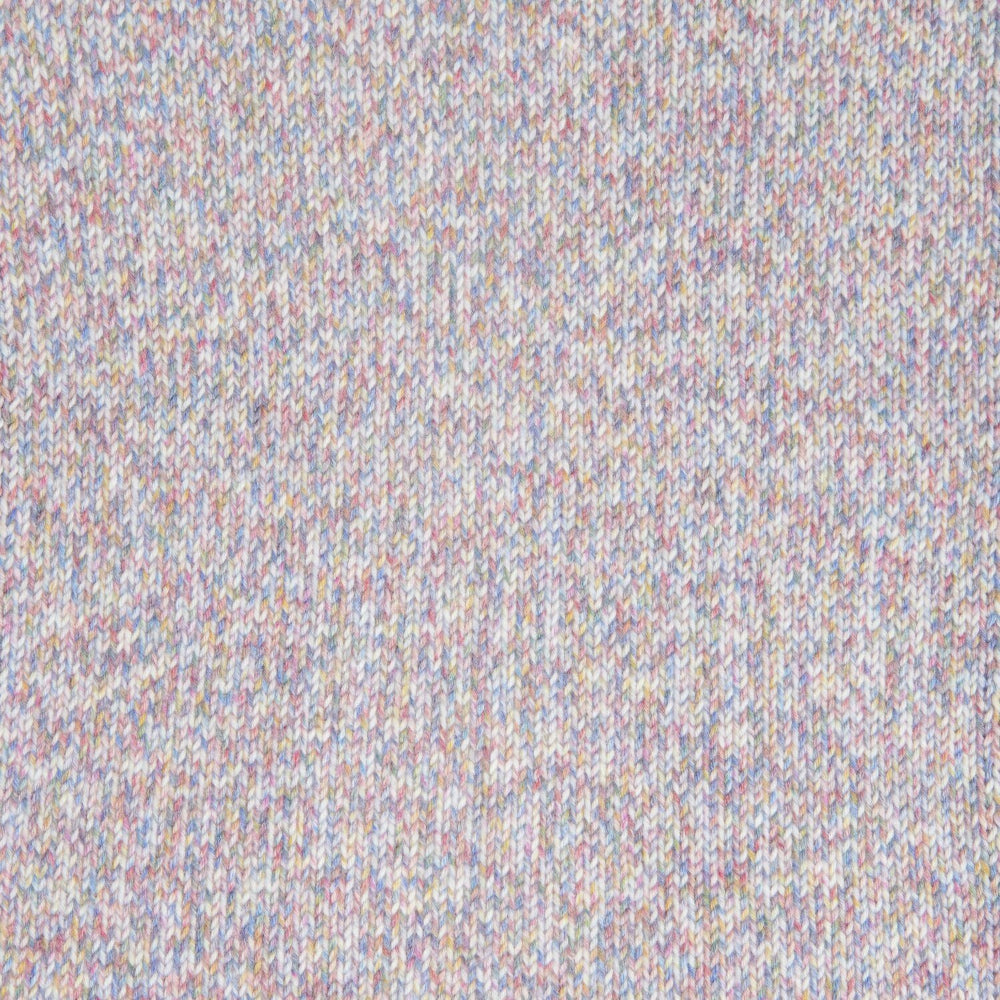 A close-up of a heathered knit fabric texture with a blend of light gray, beige, and soft pink threads.