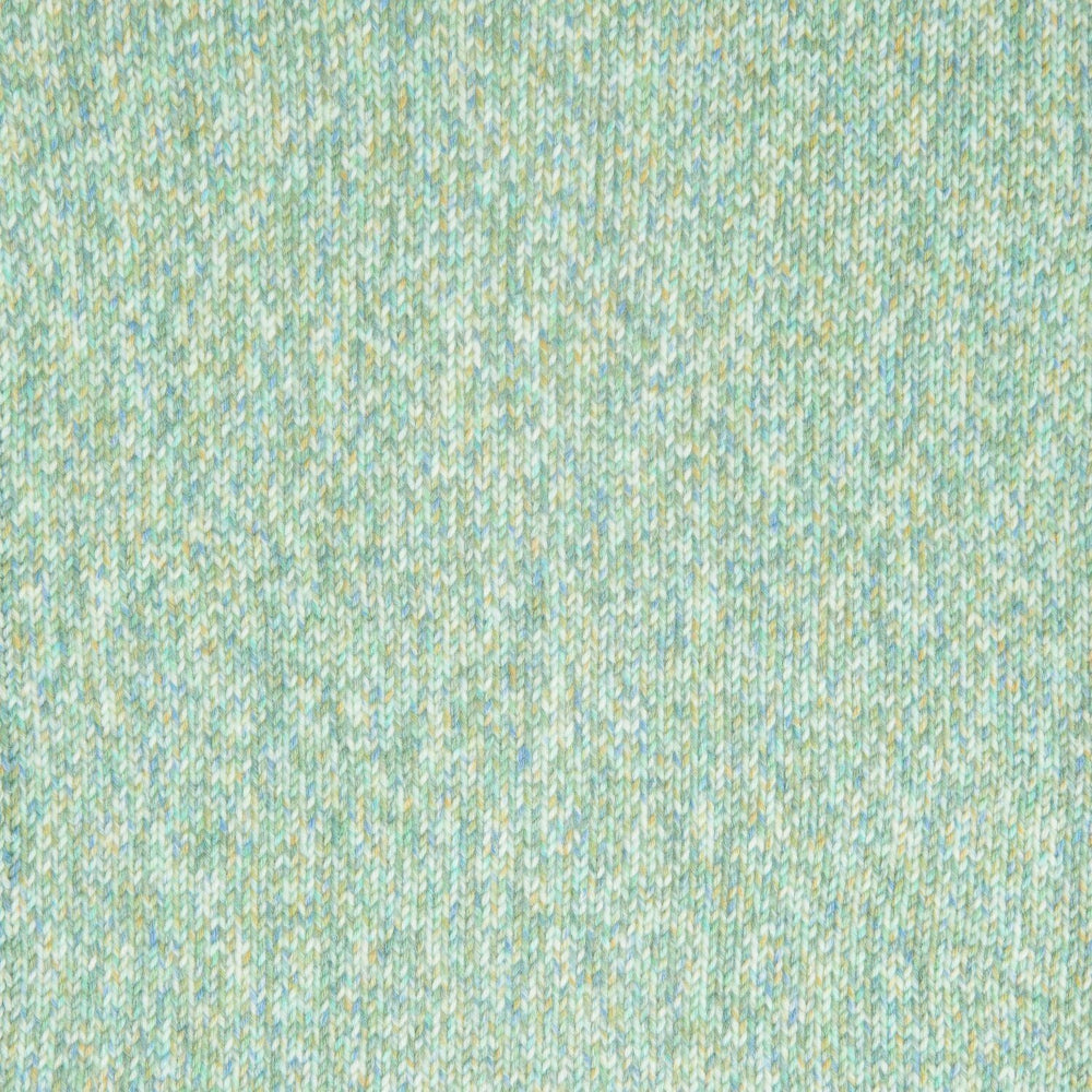 A close-up of a heathered knit fabric texture in a soft mint green and pale blue colorway.