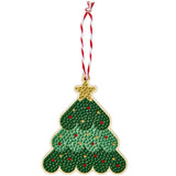 A Christmas tree-shaped hanging ornament with a gold-tone star on top, covered in green textured material with small red and gold decorative dots, and suspended from a red-and-white striped string against a plain white background.