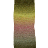 A textured knit scarf featuring a vertical ombre gradient transitioning from olive green at the top, through yellow, to dusty pink in the middle, and ending in muted green at the bottom, shown against a plain white background.