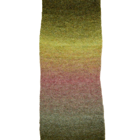 A textured knit scarf featuring a vertical ombre gradient transitioning from olive green at the top, through yellow, to dusty pink in the middle, and ending in muted green at the bottom, shown against a plain white background.