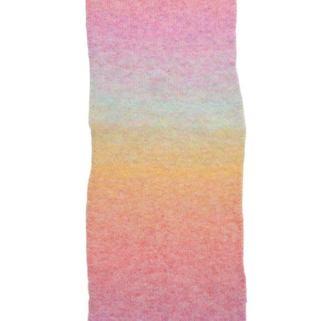 A vertical rectangular fabric swatch with a soft pastel ombre gradient transitioning from pink at the top, through pale blue and yellow, to peach-pink at the bottom, shown on a white background.