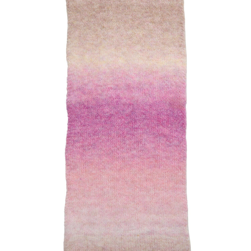 A knit scarf featuring a vertical ombre gradient transitioning from beige at the top, through pink, to a soft peach-pink at the bottom, shown against a plain white background.