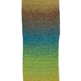 A vertical rectangular fabric or material swatch with a soft textured surface, showing an ombre color gradient from mustard yellow at the top through brown and blue to yellow-green at the bottom, isolated on a white background.