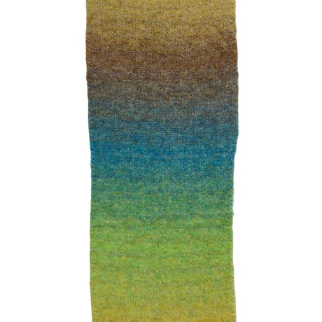 A vertical rectangular fabric or material swatch with a soft textured surface, showing an ombre color gradient from mustard yellow at the top through brown and blue to yellow-green at the bottom, isolated on a white background.