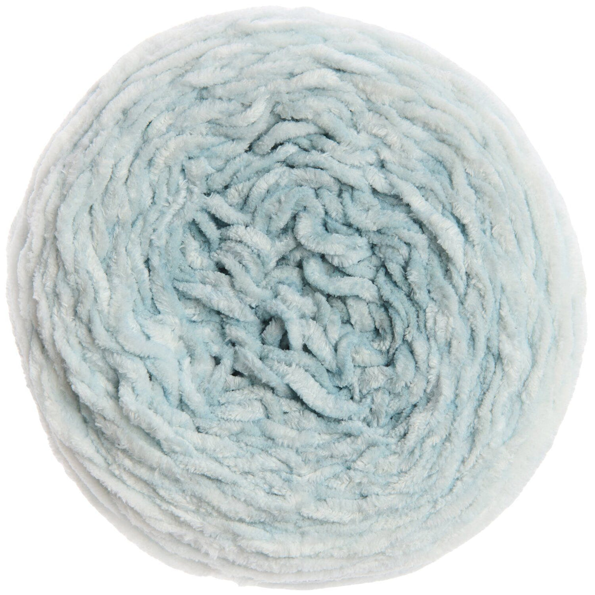 A top-down view of a single ball of fluffy, chunky yarn in a pale icy blue color, isolated on a white background.