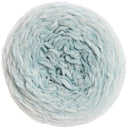 A top-down view of a single ball of fluffy, chunky yarn in a pale icy blue color, isolated on a white background.