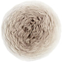 A top-down view of a large ball of chunky, curly yarn in a soft, multi-toned oatmeal beige color, isolated on a white background.