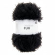A skein of black faux fur yarn wrapped in a white paper band labeled 'creative FUR' against a plain white background.