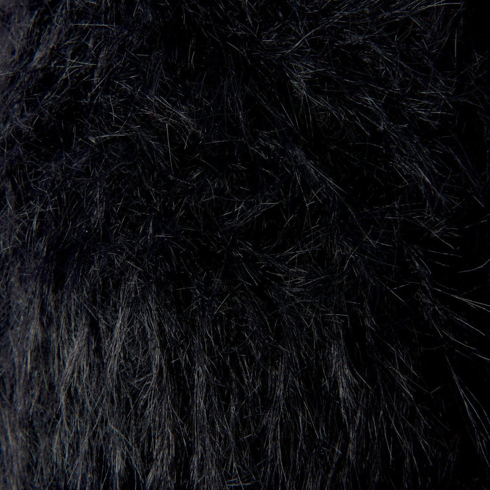 A close-up texture shot of black faux fur fabric, showing the dense, shaggy fibers against a dark background.