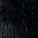 A close-up texture shot of black faux fur fabric, showing the dense, shaggy fibers against a dark background.