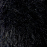 A close-up texture shot of black faux fur fabric, showing the dense, shaggy fibers against a dark background.