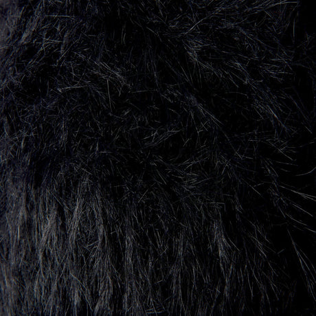 A close-up texture shot of black faux fur fabric, showing the dense, shaggy fibers against a dark background.
