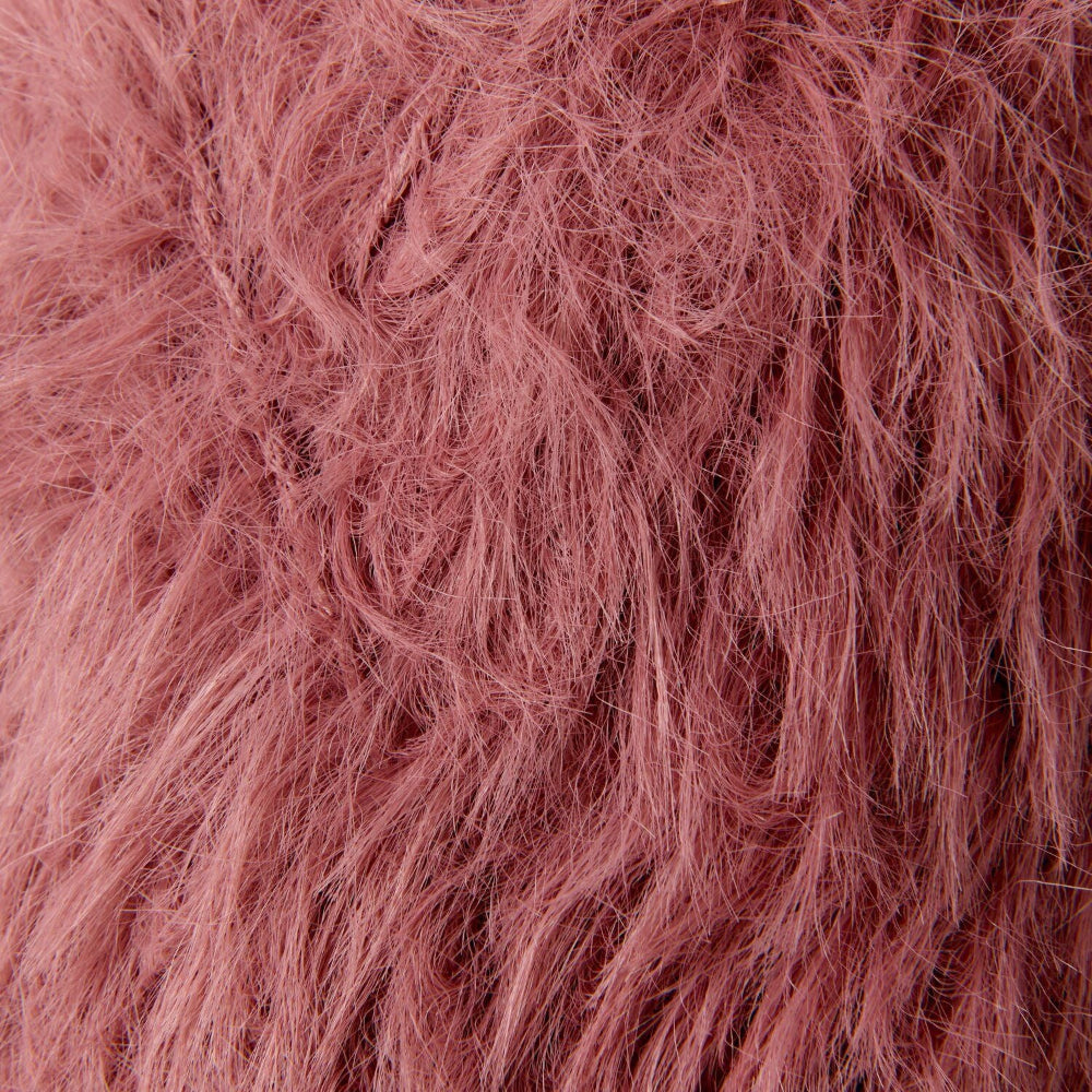 A close-up texture shot of a dusty rose pink faux fur fabric, showing the fluffy, shaggy fibers in detail.