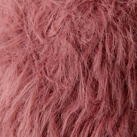 A close-up texture shot of a dusty rose pink faux fur fabric, showing the fluffy, shaggy fibers in detail.