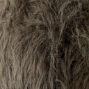 A close-up texture shot of shaggy faux fur fabric in a taupe-brown color, showing individual strands and the soft, fluffy material.