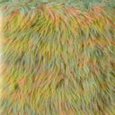 Close-up of shaggy faux fur fabric with a mottled pastel mix of green, yellow, orange, and beige tones.