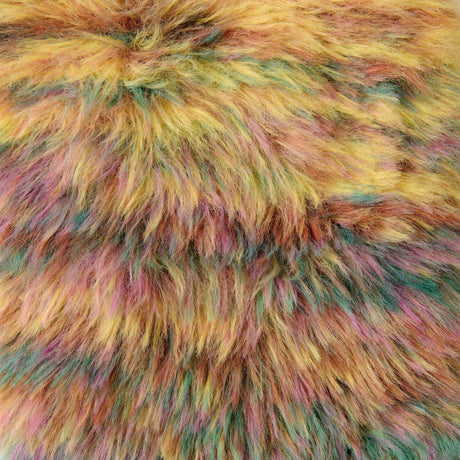 Close-up of a fluffy faux fur fabric with a multicolor blend of yellow, pink, orange, and teal.