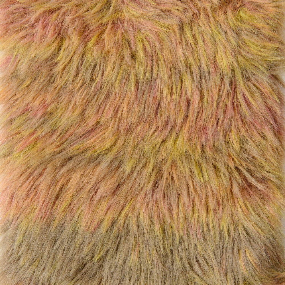 Close-up of a shaggy faux fur fabric with a variegated color pattern of pink, yellow, and beige.
