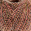 Close-up of variegated yarn strands in a dusty rose, rust orange, olive green, and charcoal gray colorway.