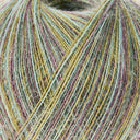 Close-up of a ball of fuzzy yarn with variegated strands in pale green, mustard yellow, dusty pink, and taupe.