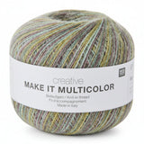 A ball of RICO DESIGN creative MAKE IT MULTICOLOR knit-in thread yarn, featuring a white paper label with black text, set against a plain white background.