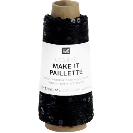 A spool of black knit thread with a white paper label reading 'RICO DESIGN creative MAKE IT PAILLETTE' on a plain white background.