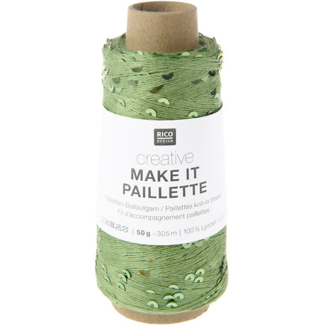 A spool of green decorative twine with a white paper label that reads 'RICO DESIGN creative MAKE IT PAILLETTRE'. The twine has a textured, slightly shiny finish with small green leaf-like accents.
