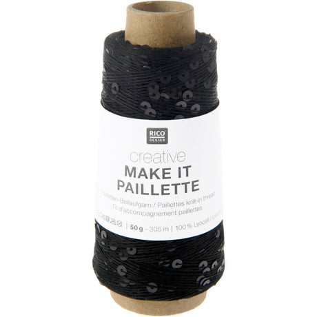 A spool of black knitted thread labeled 'RICO DESIGN creative MAKE IT PAILLETTE' on a white background.