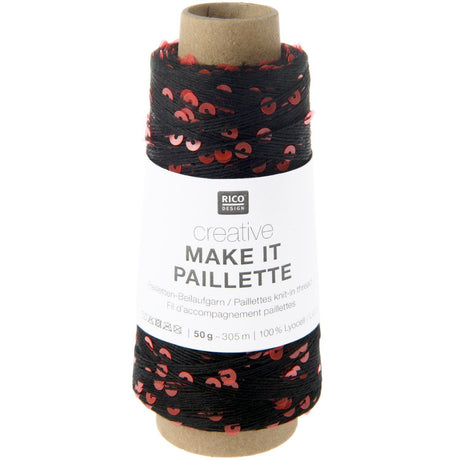 A spool of Rico Design Creative Make It Paillette thread, featuring black and red sequined thread wound around a cardboard core with a white paper label.